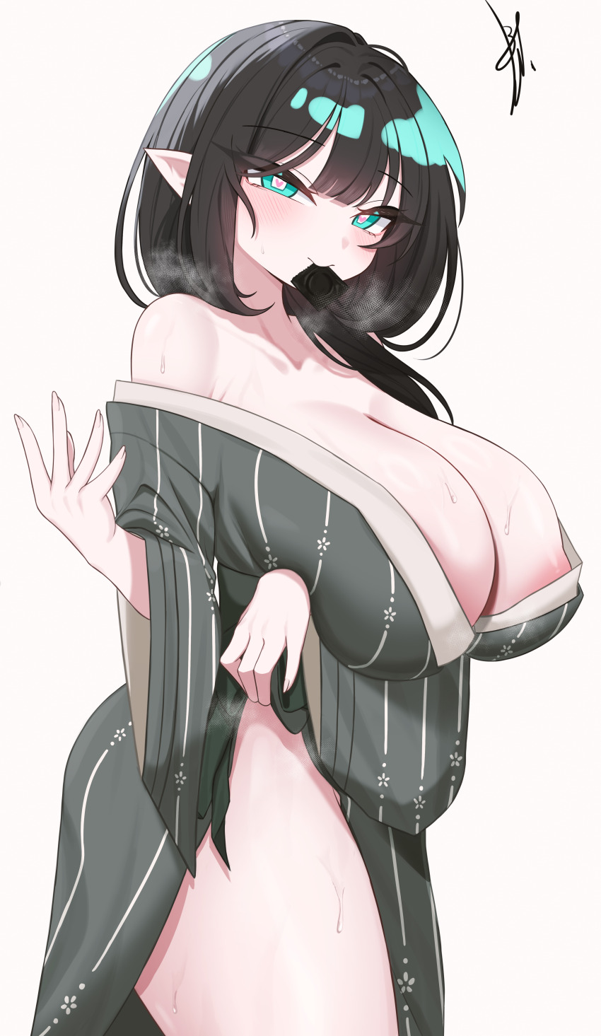 1girl absurdres aqua_eyes areola_slip arm_under_breasts artist_name bare_shoulders black_hair blunt_bangs blush breasts bright_pupils brown_background cleavage closed_mouth clothes_lift collarbone commentary_request condom condom_in_mouth condom_wrapper cowboy_shot fingernails floral_print from_side grey_kimono hair_over_shoulder hands_up heart heart-shaped_pupils heavy_breathing highres huge_breasts japanese_clothes kimono kimono_lift korean_commentary lifting_own_clothes long_hair long_sleeves looking_at_viewer looking_to_the_side mouth_hold mute_(trickcal) off_shoulder pointy_ears print_kimono signature simple_background smile solo standing striped_clothes striped_kimono sweat symbol-shaped_pupils trickcal vertical-striped_clothes vertical-striped_kimono white_pupils wide_sleeves yakyak yukata