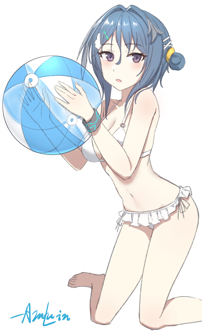 1girl :o arknights ball beachball bikini blue_hair blush breasts cleavage collarbone commentary english_commentary foot_out_of_frame frilled_bikini frills hair_between_eyes hair_intakes hair_ornament hairclip highres holding holding_ball holding_beachball infection_monitor_(arknights) kneeling la_pluma_(arknights) la_pluma_(summer_flowers)_(arknights) looking_at_viewer medium_breasts navel official_alternate_costume open_mouth purple_eyes quietmrcat short_hair simple_background solo swimsuit white_background white_bikini