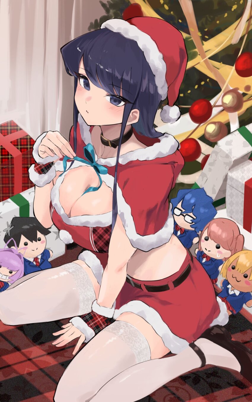 1girl :3 arm_between_legs ase_shibuki ayatak0517 bean_smile belt between_breasts black_belt black_eyes black_footwear black_hair blue_ribbon box breasts capelet character_doll christmas christmas_tree collar commentary english_commentary fur-trimmed_capelet fur-trimmed_headwear fur-trimmed_skirt fur_trim gift gift_box hand_up hat highres indoors isagi_kiyoko komi-san_wa_komyushou_desu komi_shouko large_breasts legs long_hair looking_at_viewer manbagi_rumiko neck_ribbon osana_najimi_(komi-san_wa_komyushou_desu) red_capelet red_hat red_skirt ribbon santa_hat sitting skirt solo swept_bangs tadano_hitohito thighhighs thighs wariza