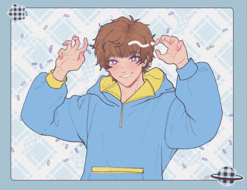 1boy adk-em bandai bandai_namco blue_border blue_hoodie border bright_pupils brown_hair claw_pose commentary english_commentary grin hands_up highres hood hoodie inoue_shouma ishimori_prod kamen_rider kamen_rider_gavv_(series) looking_at_viewer male_focus multicolored_eyes purple_eyes rubberlemon short_hair shouma_(kamen_rider_gavv) shouma_stomach smile solo sprinkles toei_company tokusatsu tv_asahi upper_body white_pupils yellow_eyes