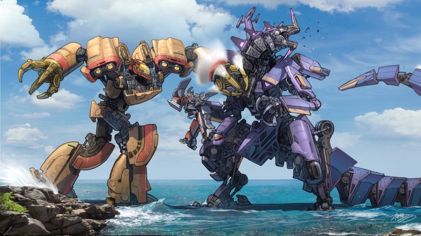 ark_(transformers) autobot clenched_hands commentary decepticon english_commentary fighting highres holding kamitoge_supino mecha mechanization nemesis_(transformers) no_humans omega_supreme open_mouth photo_background punching redesign robot sharp_teeth teeth transformers trypticon visor yellow_eyes
