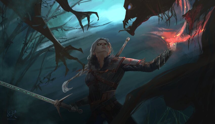 1girl armor ciri green_eyes highres holding holding_sword holding_weapon magic monster ponytail sword the_witcher_(series) the_witcher_4 weapon white_hair zishiyao