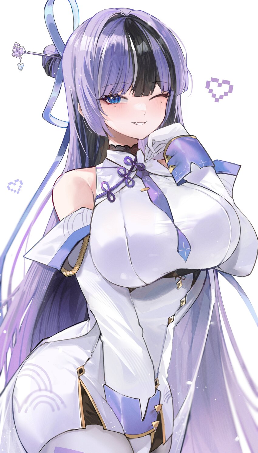 1girl absurdres bare_shoulders between_legs black_hair breasts fang gloves goddess_of_victory:_nikke gurami_(zangizarang) hair_ornament hair_ribbon hair_stick hand_between_legs heart highres jien_(nikke) large_breasts long_hair looking_at_viewer mole mole_under_eye multicolored_hair necktie one_eye_closed purple_hair purple_ribbon ribbon simple_background skin_fang smile solo streaked_hair very_long_hair white_gloves