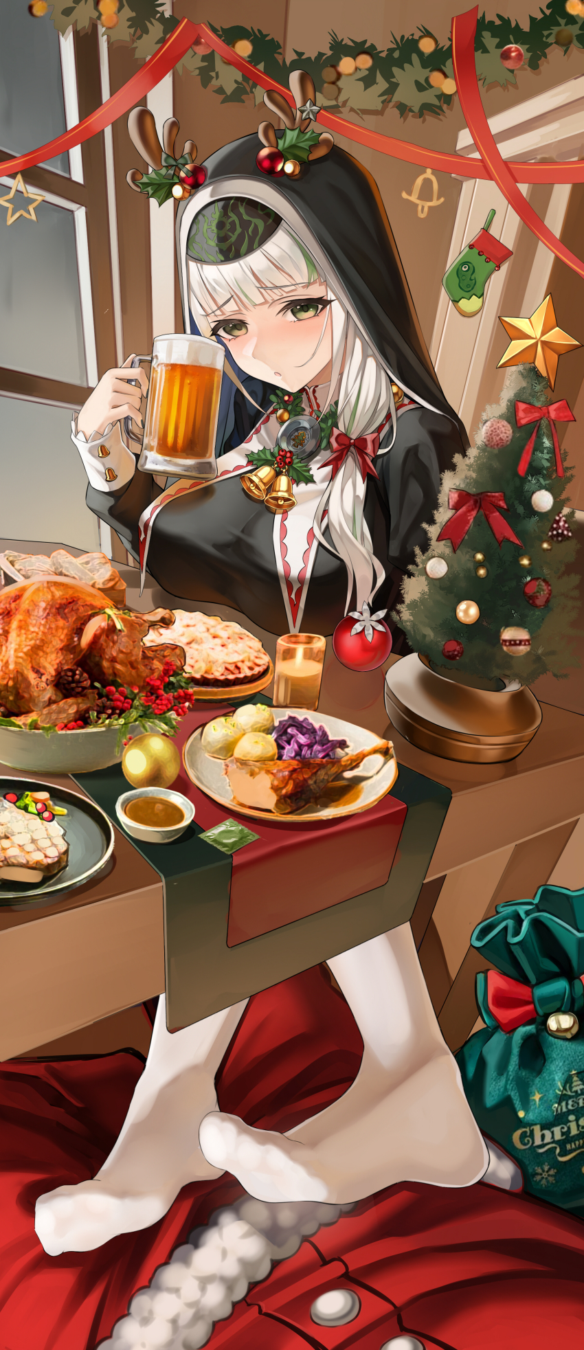 1girl 1other absurdres alcohol beer beer_mug blush breasts candle christmas_ornaments closed_mouth commentary_request condom cup doorway fake_antlers feet food gravy green_eyes grey_hair habit highres holding holding_cup indoors large_breasts long_hair mini_christmas_tree mug no_shoes nun original pantyhose parasister_(vtuber) pie plate pov ribbon santa_costume soles solo_focus star_(symbol) table toes turkey_(food) very_long_hair virtual_youtuber white_pantyhose windowsill xo_(xo17800108)