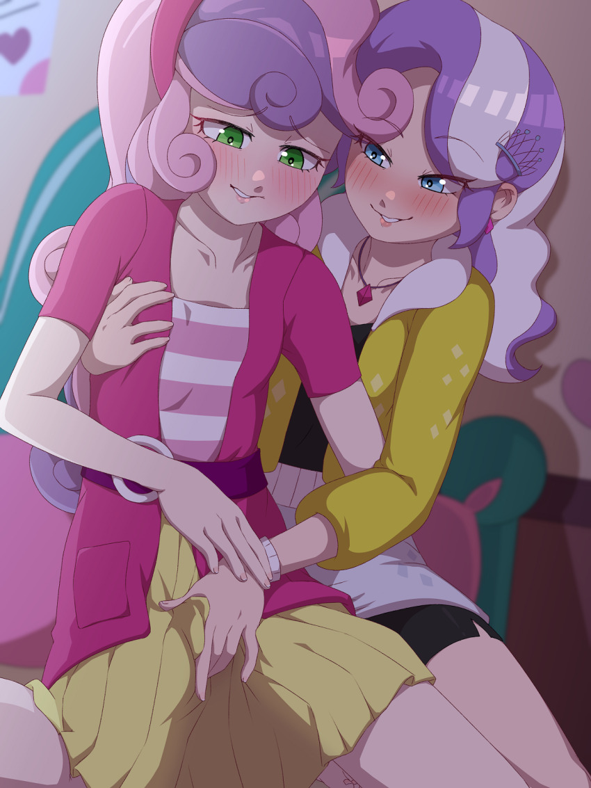 2girls blush diamond_tiara diamond_tiara_(equestria_girls) green_eyes headband highres jacket jewelry multiple_girls my_little_pony my_little_pony:_equestria_girls my_little_pony:_friendship_is_magic necklace open_clothes open_jacket rockset skirt sweetie_belle sweetie_belle_(equestria_girls) yellow_skirt yuri