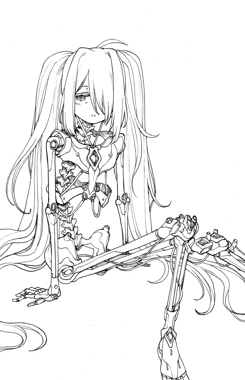 1girl absurdres ahoge android arms_at_sides bent_back body_horror feet_out_of_frame ghostgods hair_between_eyes hair_intakes hair_over_one_eye hair_spread_out half-closed_eyes hand_on_floor hatching_(texture) highres invisible_chair invisible_floor knee_up linear_hatching lineart long_hair mechabare nib_pen_(medium) no_nose original parted_lips pelvis pen_(medium) science_fiction simple_background sitting skeletal_arm skeletal_leg solo spine three_quarter_view traditional_media twintails unkempt very_long_hair