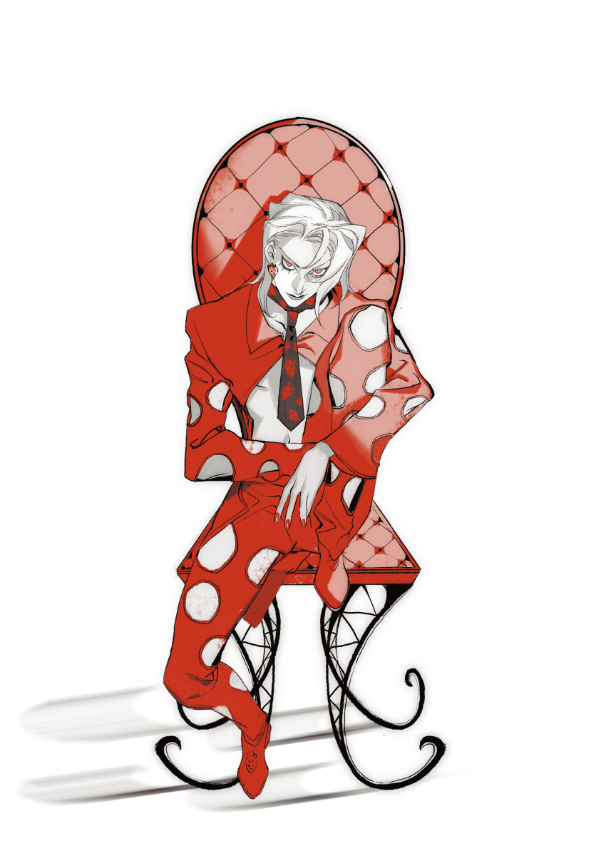 1boy absurdres aranloce black_necktie chair clothing_cutout earrings food-themed_earrings food_themed_earrings full_body highres jacket jewelry jojo_no_kimyou_na_bouken looking_at_viewer male_focus navel necktie pannacotta_fugo pants partially_colored red_eyes red_nails red_pants red_shirt red_shoes red_theme shirt shoes solo strawberry_earrings vento_aureo white_background