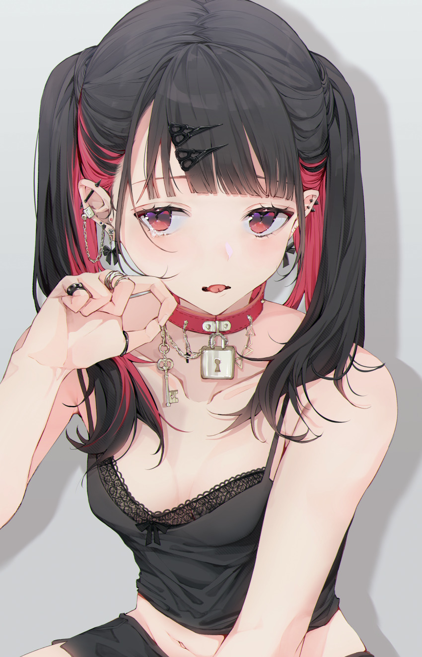 1girl belt_collar black_hair blunt_bangs breasts camisole collar colored_inner_hair commentary_request earrings grey_background hand_up highres jewelry key lock midriff multicolored_hair navel original pinching red_eyes red_hair ring sakippo_(sakippo0) shorts small_breasts solo tongue tongue_out twintails upper_body