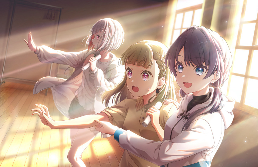 :d :o bike_shorts bike_shorts_under_shorts black_shorts blue_eyes blue_hair bob_cut braid brown_hair center-flap_bangs collarbone collared_shirt colored_inner_hair dark_blue_hair diagonal_bangs dollchestra dolphin_shorts dutch_angle game_cg grey_hair hair_ornament hand_on_another&#039;s_arm hand_on_another&#039;s_shoulder highres holding holding_tube indoors inverted_bob jacket kachimachi_kosuzu kachimachi_kosuzu_(summer_training_wear) link!_like!_love_live! long_hair love_live! low_twintails multicolored_hair murano_sayaka murano_sayaka_(summer_training_wear) official_alternate_costume official_art open_clothes open_jacket open_mouth outstretched_arm pink_eyes polo_shirt practicing red_hair shirt short_hair short_sleeves shorts side_braids smile star_(symbol) star_hair_ornament straight_hair streaked_hair sweatdrop tank_top teeth third-party_source tube twintails upper_teeth_only virtual_youtuber white_jacket white_tank_top window window_shadow yellow_shirt yugiri_tsuzuri yugiri_tsuzuri_(summer_training_wear)