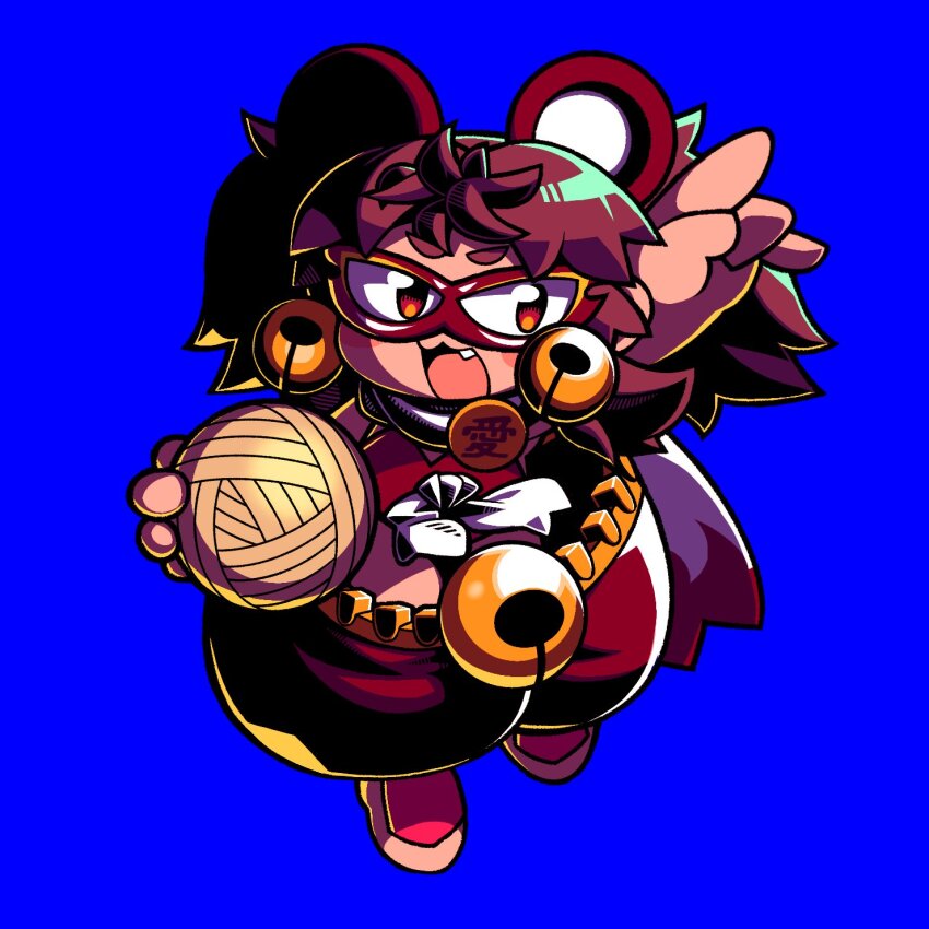 1girl :3 animal_ears arm_up baggy_pants bell bell_earrings blue_background bombergirl brown_hair brown_pants commentary_request earrings eye_mask fang full_body grey_shoes highres index_finger_raised jewelry jingle_bell long_hair looking_at_viewer mouse_ears mouse_girl open_mouth pants red_socks shoes simple_background smile socks solo tonchamon_san two_side_up urushi_(bombergirl) very_long_hair yarn yarn_ball