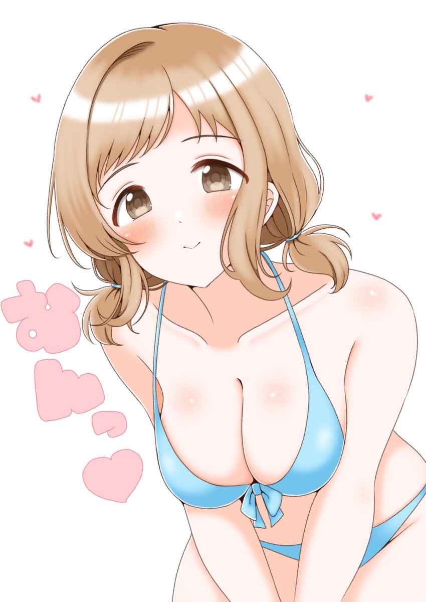 1girl absurdres aqua_bikini asymmetrical_bangs bare_arms bare_shoulders bikini blush breasts brown_eyes brown_hair cleavage collarbone cowboy_shot dot_nose front-tie_bikini_top front-tie_top heart highres idolmaster idolmaster_shiny_colors lapisppigeons large_breasts leaning_forward looking_at_viewer low_twintails medium_hair official_alternate_hairstyle sakuragi_mano short_twintails smile solo swept_bangs swimsuit tareme twintails white_background