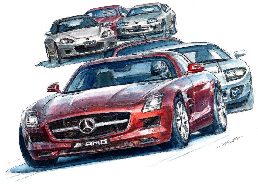 car commentary english_commentary ford ford_gt gran_turismo grey_car helmet honda honda_s2000 m.m_(chosuke320) mercedes-benz mercedes-benz_sls_amg motor_vehicle nissan nissan_silvia nissan_silvia_s14 no_humans red_car signature spoiler_(automobile) toyota toyota_supra toyota_supra_mk_iv traditional_media vehicle_focus white_background white_car