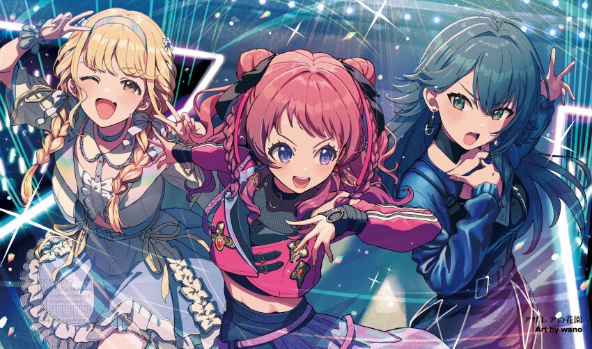 3girls :o ;d absurdres antenna_hair artist_name black_dress blonde_hair blue_eyes blue_jacket blue_skirt blush braid brown_hair center_frills commentary_request crop_top cropped_jacket double_bun dress fighting_my_way_(idolmaster) frilled_skirt frills fujita_kotone gakuen_idolmaster green_eyes green_hair hair_bun hair_ribbon hanami_saki hand_on_own_chest highres idolmaster jacket long_hair looking_at_viewer low_twin_braids luna_say_maybe_(idolmaster) medium_hair midriff miniskirt multiple_girls official_alternate_costume one_eye_closed open_clothes open_jacket open_mouth pink_jacket ribbon second-party_source sekaiichi_kawaii_watashi_(idolmaster) shirt short-sleeved_jacket short_sleeves skirt smile stage teeth translation_request tsukimura_temari twin_braids two_side_up upper_teeth_only v v-shaped_eyebrows v_over_head wanowanoji67 watermark white_jacket white_ribbon white_shirt
