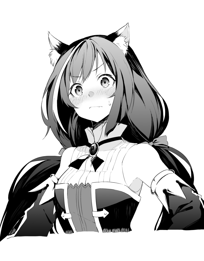 1girl absurdres animal_ear_fluff animal_ears blush cat_ears detached_sleeves female_focus greyscale high_collar highres karyl_(princess_connect!) low_twintails monochrome multicolored_hair princess_connect! simple_background solo streaked_hair sweatdrop tsukamoto_minori twintails white_background
