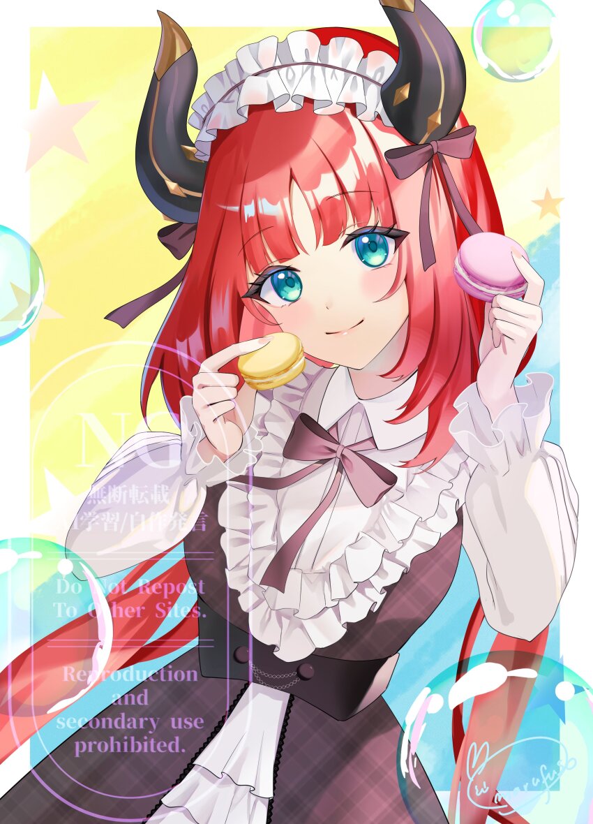 1girl absurdres alternate_costume aqua_eyes black_bow black_dress black_ribbon blush bow closed_mouth commentary_request dress fake_horns food frilled_hairband frills genshin_impact hairband hands_up highres holding holding_food holding_macaron horns long_hair long_sleeves looking_at_viewer macaron marufus nilou_(genshin_impact) red_hair ribbon signature smile solo very_long_hair white_hairband white_sleeves