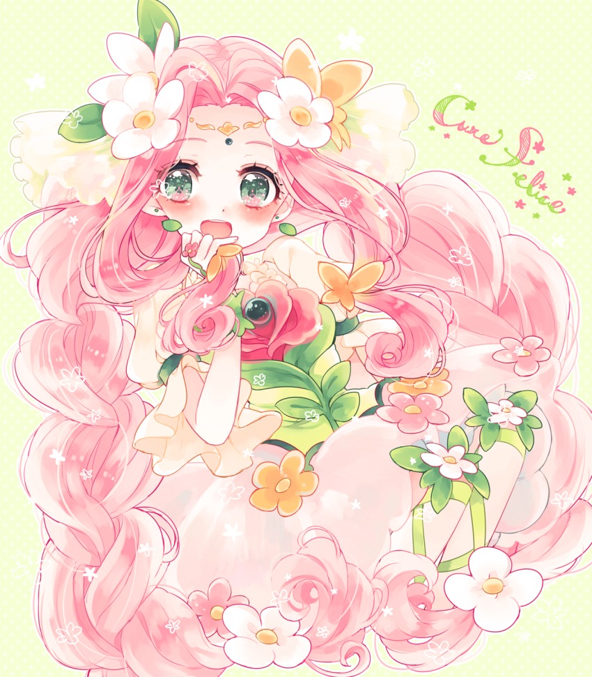 1girl :d blush braid character_name cowboy_shot cure_felice female_focus flower green_eyes green_ribbon ha-chan_(mahou_girls_precure!) hair_flower hair_ornament hanami_kotoha highres leg_ribbon long_hair looking_at_viewer magical_girl mahou_girls_precure! multicolored_eyes open_mouth pink_eyes pink_hair precure ribbon skirt smile solo twin_braids uzuki_aki white_skirt yellow_background