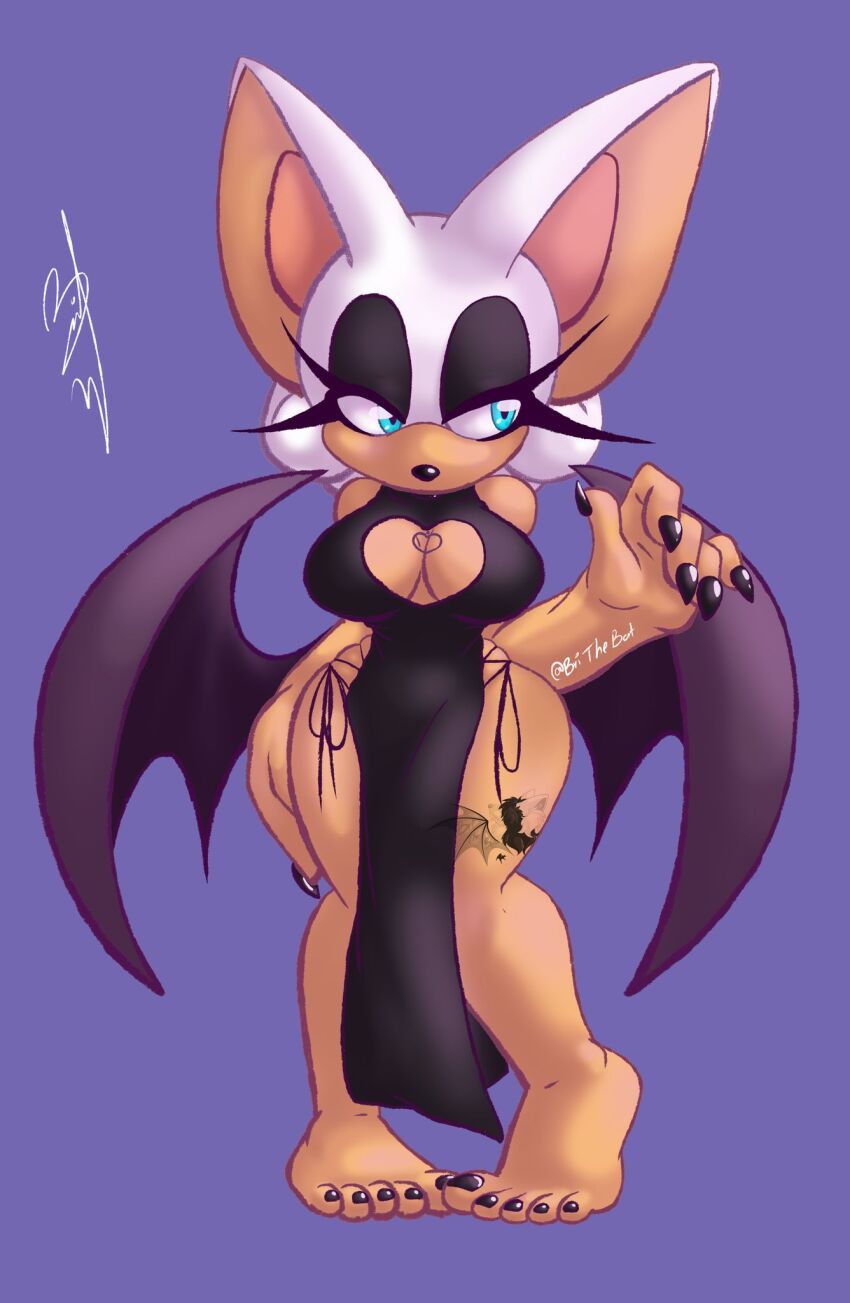 1girl alternate_costume arm_behind_back artist_name artist_request blue_eyes breasts cleavage_cutout clothing_cutout dark-skinned_female dark_skin dress feet fingernails full_body goth_fashion heart_cutout highres large_breasts makeup mouthless nails purple_background rouge_the_bat sharp_fingernails sonic_(series) tattoo white_fur wings