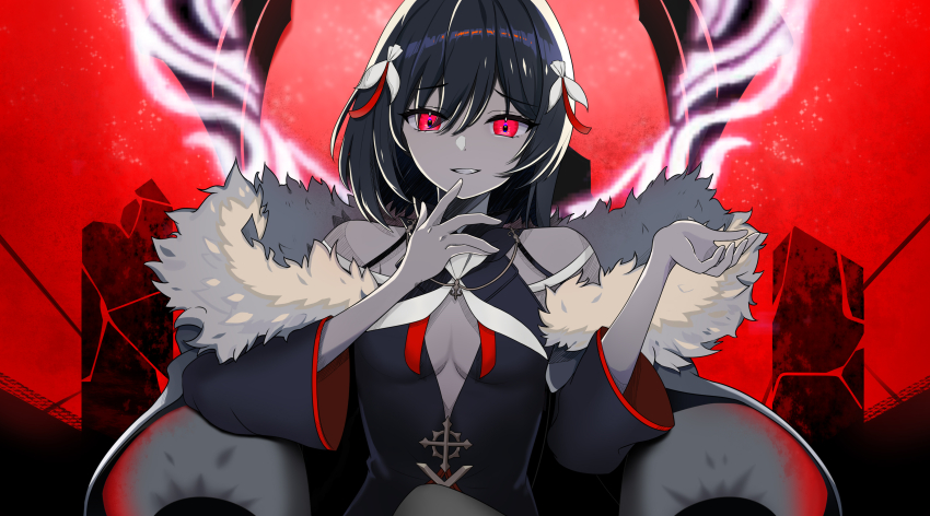absurdres coat counter:side fur-trimmed_coat fur_trim grin hand_to_own_mouth highres red_eyes rosaria_le_friede sitting smile