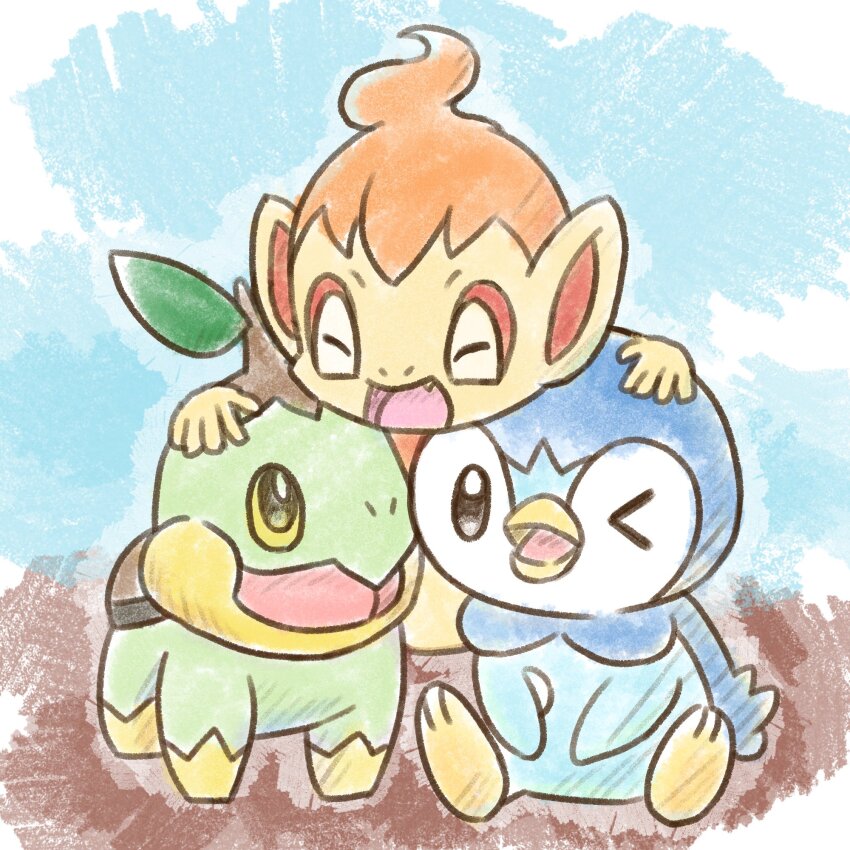 black_eyes chimchar closed_eyes colored_sclera creatures_(company) fang game_freak gen_4_pokemon highres neko_gyoza nintendo no_humans one_eye_closed open_mouth piplup pokemon pokemon_(creature) sitting smile starter_pokemon_trio turtwig yellow_sclera