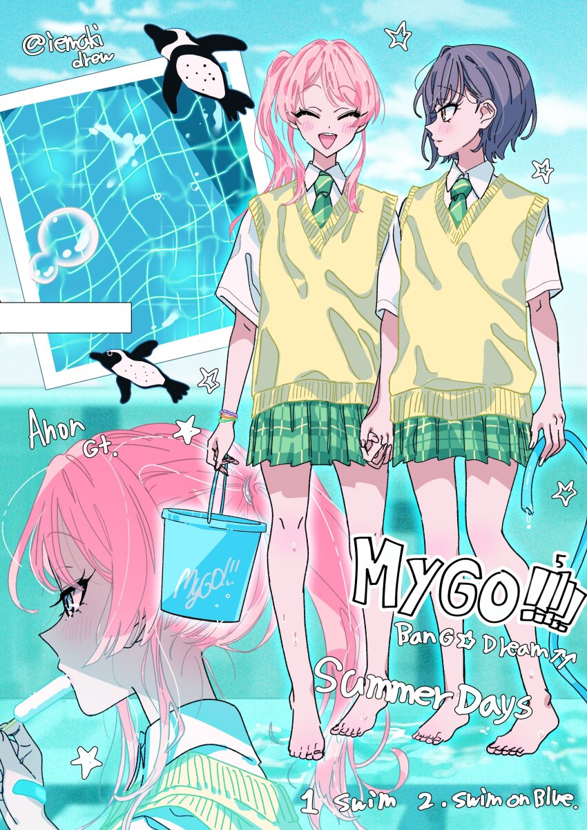 2girls absurdres alternate_hairstyle bang_dream! bang_dream!_it&#039;s_mygo!!!!! barefoot blush bracelet brown_eyes brown_sweater_vest bucket character_name chihaya_anon chromatic_aberration closed_eyes commentary copyright_name diagonal-striped_clothes diagonal-striped_necktie english_commentary english_text food food_in_mouth green_necktie green_skirt grey_hair haneoka_school_uniform highres himitsu_(iemaki) holding holding_hands holding_hose hose interlocked_fingers jewelry long_hair multiple_girls nape necktie open_mouth pink_hair plaid_clothes plaid_skirt pleated_skirt ponytail popsicle popsicle_in_mouth school_uniform shirt short_hair short_sleeves skirt striped_clothes sweater_vest takamatsu_tomori teeth twitter_username upper_teeth_only wet white_shirt
