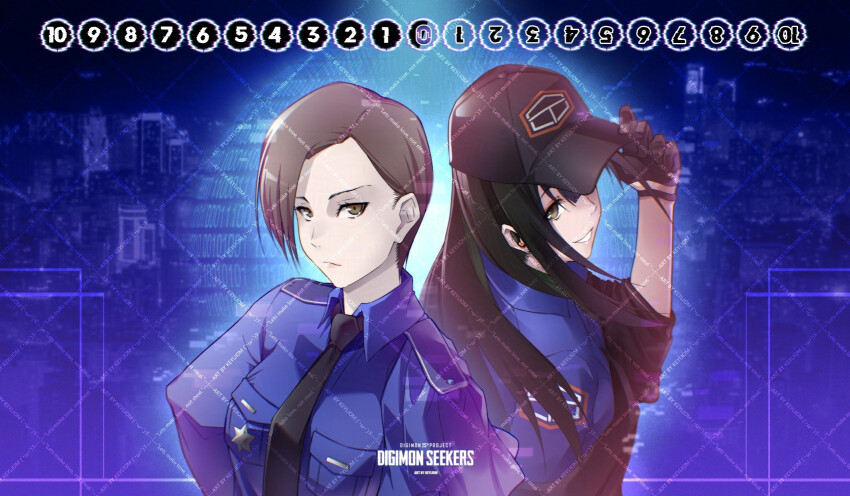 2girls digimon digimon_seekers highres looking_at_viewer multiple_girls necktie police police_uniform policewoman tamahime_satsuki xu_yulin