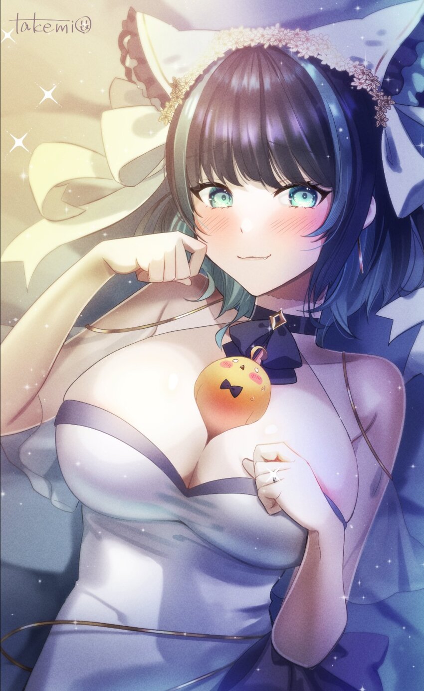 1girl alternate_costume animal_band artist_name azur_lane between_breasts black_hair blue_eyes blush breasts cheshire_(azur_lane) cleavage dress highres indoors large_breasts long_ribbon looking_at_viewer lying manjuu_(azur_lane) multicolored_hair ribbon sparkle streaked_hair takemi_mochi white_dress