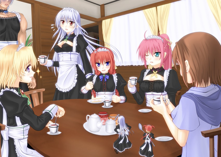 00s 1boy 6+girls agito agito_(nanoha) alternate_costume apron blonde_hair blue_eyes bow braid breasts brown_hair cake cleavage crossdressing cup earrings enmaided flying_sweatdrops food gloom_(expression) jewelry long_hair lyrical_nanoha mahou_shoujo_lyrical_nanoha mahou_shoujo_lyrical_nanoha_a&#039;s mahou_shoujo_lyrical_nanoha_strikers maid maid_apron maid_headdress medium_breasts mini_person minigirl multiple_girls pink_hair ponytail purple_eyes red_eyes red_hair reinforce reinforce_zwei shamal short_hair signum silver_hair single_hair_intake smile sooichi_(diabolicemission) sparkle spoon teacup time_paradox twin_braids twintails two_side_up vita_(nanoha) yagami_hayate zafira