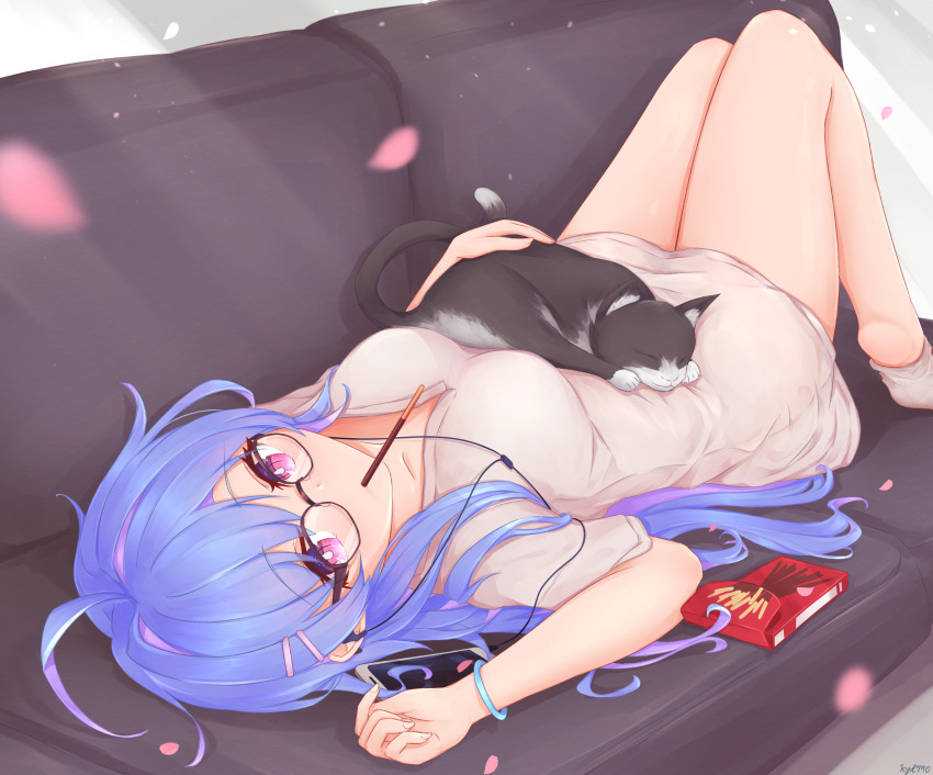 1girl absurdres animal_on_stomach azur_lane bespectacled black_cat blue_hair breasts brown-framed_eyewear cat cellphone couch dress food glasses helena_(azur_lane) highres kyl490 listening_to_music looking_at_viewer lying medium_breasts multicolored_hair on_back petals phone pocky purple_hair short_sleeves smartphone solo streaked_hair two-tone_hair white_dress