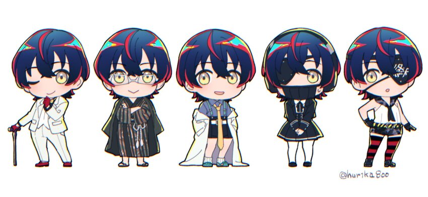 5girls :&gt; :o belt bespectacled black_belt black_gloves black_hair black_haori black_jacket black_ribbon black_shirt black_shorts black_skirt black_thighhighs blue_shirt bow bowtie cane coat coat_partially_removed commentary cosplay crocs crossed_arms eyepatch full_body gavel glasses gloves hair_between_eyes haori haori_on_shoulders hashtag-only_commentary highres holding holding_cane honoka_kokushikan honoka_kokushikan_(cosplay) hurika800 invisible_floor jacket jacket_on_shoulders japanese_clothes kimono kishiru_inugami kishiru_inugami_(cosplay) looking_at_viewer manji_fushicho manji_fushicho_(cosplay) mask mouth_mask multiple_girls multiple_persona neck_ribbon one_eye_closed pants pantyhose print_eyepatch red_gloves red_shoes red_thighhighs rei_shimobe reverse_trap ribbon shirt shoes short_hair short_shorts shorts shuten_order skirt sleeveless sleeveless_shirt smile standing suspender_shorts suspenders sweatdrop teko_ion teko_ion_(cosplay) thighhighs twitter_username two-tone_belt two-tone_thighhighs vest white_background white_coat white_jacket white_pants white_pantyhose white_vest yellow_belt yellow_bow yellow_bowtie yellow_eyes yugen_ushitora yugen_ushitora_(cosplay)