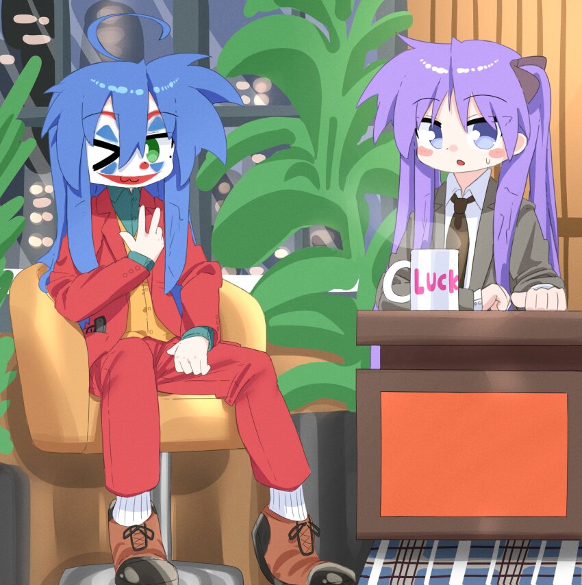 2girls :3 ahoge arthur_fleck arthur_fleck_(cosplay) batman_(series) black_necktie black_ribbon blue_hair blush brown_jacket brown_shoes chair clown coffee_mug cosplay crossover cup dc_comics desk facepaint formal_clothes green_eyes green_shirt gun hair_ribbon handgun highres hiiragi_kagami izumi_konata jacket joker_(2019) joker_(dc)_(cosplay) long_hair long_sleeves lucky_star mole mole_under_eye mug multiple_girls murray_franklin murray_franklin_(cosplay) necktie one_eye_closed open_clothes open_jacket open_mouth pants papyopyo parody pistol plant potted_plant purple_eyes purple_hair red_jacket red_pants ribbon shirt shoes sitting smile socks steam suit sweat the_joker twintails vest w weapon white_shirt white_socks window wink yellow_vest