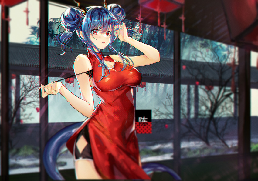1girl arknights arm_up bike_shorts black_bra black_shorts blue_hair blurry blush bra breasts ch&#039;en_(ageless_afterglow)_(arknights) ch&#039;en_(arknights) character_name china_dress chinese_clothes chromatic_aberration cleavage_cutout clothing_cutout commentary cowboy_shot double_bun dress female_focus hair_between_eyes hair_bun haitang hip_vent horns large_breasts long_hair looking_at_viewer official_alternate_costume red_dress red_eyes short_shorts shorts sidelocks sleeveless sleeveless_dress solo standing strap_pull tail translated tree twintails underwear v-shaped_eyebrows