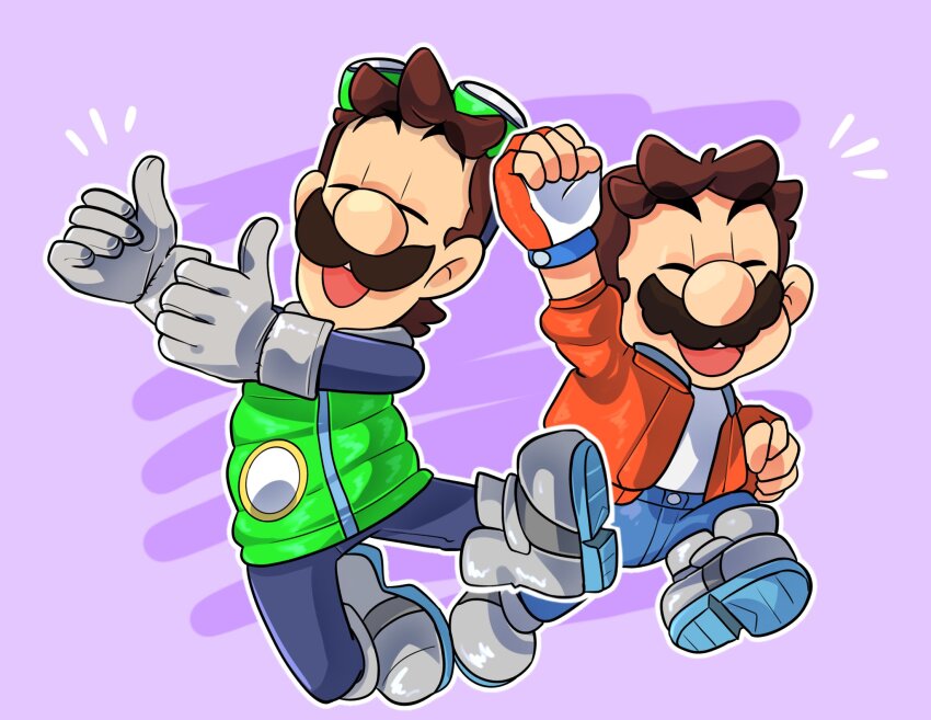 2boys boots brothers brown_hair carolinerdraws closed_eyes double_thumbs_up facial_hair fingerless_gloves gloves goggles goggles_on_head grey_gloves grey_shoes highres jacket luigi male_focus mario mario_(series) mario_kart mario_kart_world multiple_boys mustache nintendo open_clothes open_jacket outline purple_background shoes siblings thumbs_up white_outline