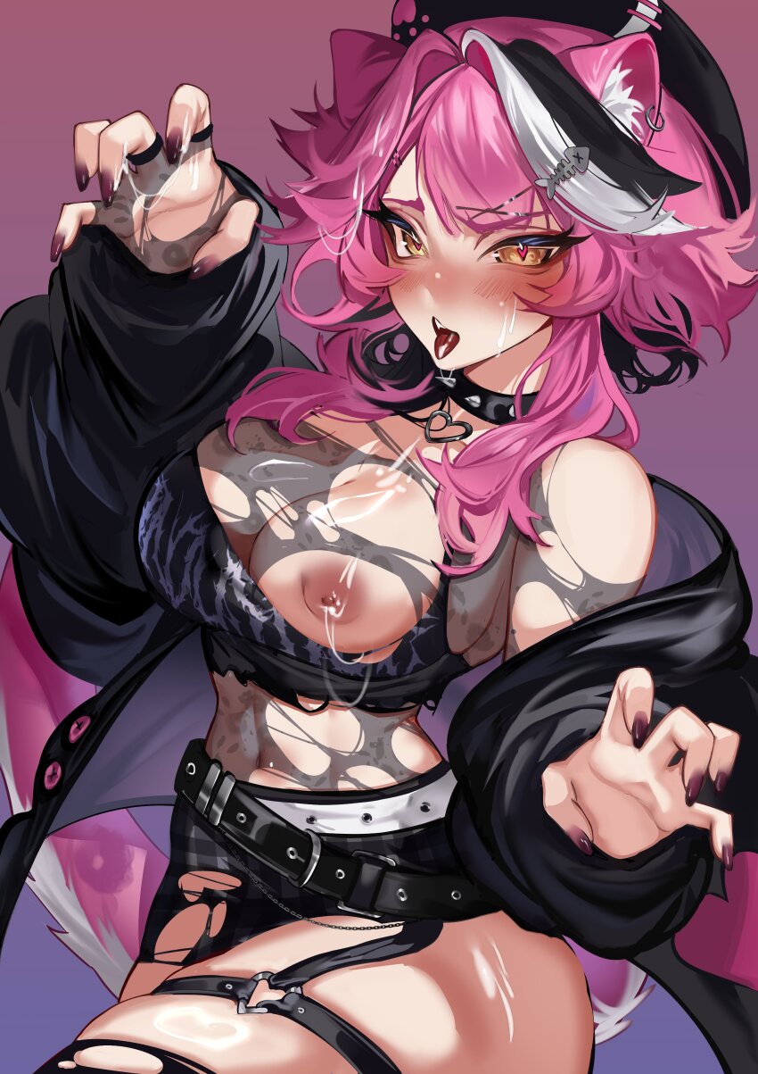 1girl absurdres alternate_costume animal_ear_fluff animal_ear_piercing animal_ears belt beret black_belt black_choker black_hair black_hat black_jacket black_nails black_skirt black_tank_top black_thighhighs breasts choker claw_pose cleavage colored_inner_hair commentary crop_top cum cum_on_body cum_on_hair cum_on_hands cum_string facial fingerless_gloves fingernails fish_skeleton_hair_ornament gloves goth_fashion gradient_background hair_intakes hair_ornament hat heart heart_collar heart_o-ring highres hololive hololive_english jacket lace lace_gloves lace_shirt large_breasts long_fingernails long_sidelocks long_sleeves looking_at_viewer medium_hair messy_hair multicolored_hair nipples o-ring o-ring_thigh_strap open_clothes open_jacket panther_ears panther_girl panther_print panther_tail pink_hair plaid_clothes plaid_skirt raora_panthera saliva saliva_trail see-through_clothes see-through_shirt shirt sidelocks simple_background single_fingerless_glove skin_tight skirt slit_pupils spiked_choker spikes streaked_hair suliavtuber swept_bangs tail tank_top thick_eyelashes thick_thighs thigh_strap thighhighs thighs tongue tongue_out torn_clothes torn_shirt torn_skirt torn_tank_top torn_thighhighs virtual_youtuber white_hair x_hair_ornament yellow_eyes