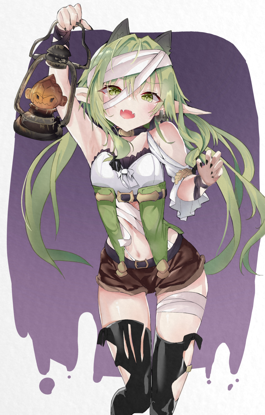absurdres bandage_on_hair bandaged_leg bandages bare_shoulders black_nails black_thighhighs breasts brown_shorts corset cowboy_shot elf fang goblin_slayer goblin_slayer! green_corset green_eyes green_hair halloween_costume high_elf_archer_(goblin_slayer!) highres hjae holding holding_lantern lantern long_hair looking_at_viewer open_mouth pointy_ears purple_background short_shorts shorts skin_fang small_breasts thighhighs