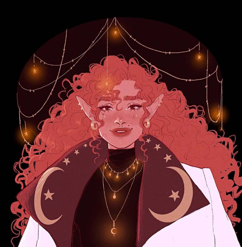 1boy arcanegold black_background black_eyeliner black_shirt blending coat coat_on_shoulders colored_lapels colored_skin commentary crescent crescent_necklace crescent_print curly_hair dungeons_&amp;_dragons ear_piercing earrings elf english_commentary eyelashes eyeliner fantasy glowing_jewelry gold_necklace gold_piercing hat hat_ornament high_collar hoop_earrings implied_cuntboy jewelry lapels light_smile long_hair looking_at_viewer makeup mole mole_above_mouth mole_under_eye multicolored_coat multiple_necklaces necklace open_clothes open_coat original parted_lips piercing pink_hair pink_skin pointy_ears red_coat red_eyes shirt sketch star_(symbol) star_hat_ornament star_necklace star_print teeth thick_lips turtleneck two-tone_coat upper_body wesley_(arcanegold) white_coat wizard wizard_hat