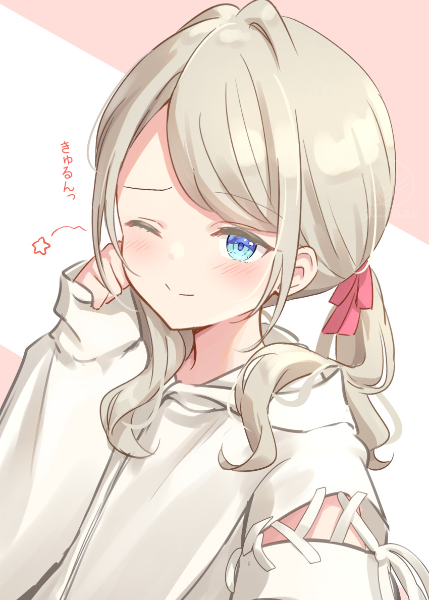1girl ;) absurdres alt_text blue_eyes blush ceras_yanagida_lilienfeld closed_mouth commentary cosplay grey_hair hair_intakes hair_over_shoulder hair_ribbon hair_up hanazora_satsuki highres hood hooded_jacket jacket link!_like!_love_live! long_hair long_sleeves looking_at_viewer love_live! low_ponytail miyake_miu miyake_miu_(cosplay) one_eye_closed photo-referenced pinching_sleeves pink_background pink_ribbon ponytail ribbon selfie sidelocks simple_background sleeves_past_wrists smile solo split_mouth star_(symbol) swept_bangs upper_body virtual_youtuber voice_actor_connection white_background white_jacket