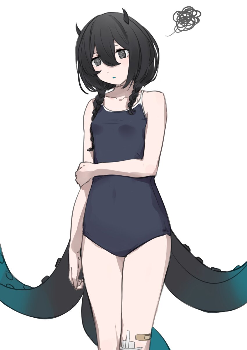 1girl alternate_costume arm_at_side asymmetrical_hair atsushima bandaid bandaid_on_leg black_eyes black_hair blue_one-piece_swimsuit braid breasts collarbone covered_navel feet_out_of_frame gauze_on_knee hair_over_shoulder highres holding_own_arm horns indie_virtual_youtuber long_hair looking_at_viewer low_twin_braids new_school_swimsuit one-piece_swimsuit parted_lips ringed_eyes school_swimsuit simple_background small_breasts solo squiggle standing swimsuit tentacle_tail tentacles twin_braids virtual_youtuber white_background yamata_ia