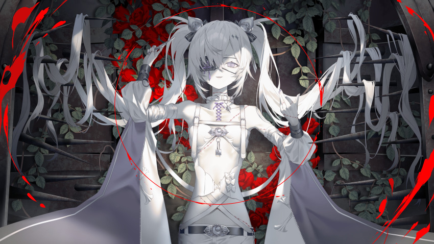 1girl absurdres bandages bare_shoulders belt black_bow blood blood_splatter bow chest_harness collar colored_skin commentary_request corset_piercing detached_sleeves eyepatch fangs flower hair_between_eyes hair_bow hands_up harness highres holding holding_knife knife kotarou_(kot_mochi) lock long_hair looking_at_viewer original purple_eyes purple_ribbon red_flower red_rose ribbon rose smile solo spikes spot_color stitches twintails very_long_hair white_collar white_hair white_skin