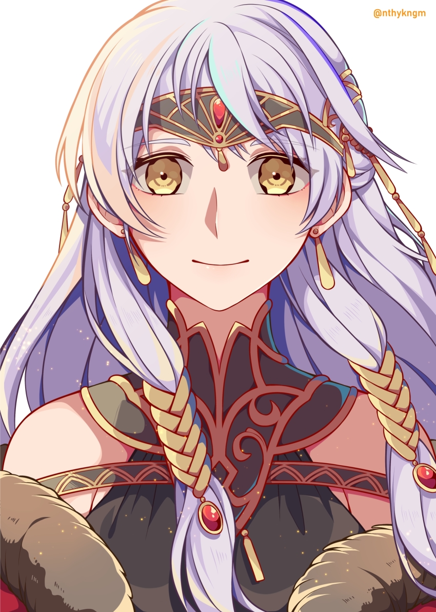 1girl bare_shoulders black_dress coat crml_orng dress earrings fire_emblem fire_emblem:_radiant_dawn fire_emblem_cipher fire_emblem_heroes fur_trim half_updo highres jewelry long_hair micaiah_(fire_emblem) micaiah_(radiant_queen)_(fire_emblem) nintendo official_alternate_costume portrait silver_hair simple_background smile solo tiara twitter_username white_background yellow_eyes