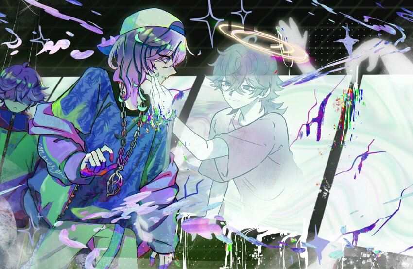 3boys aqua_hair backwards_hat baseball_cap brothers cozmez_(paradox_live) dual_persona halo hand_on_another&#039;s_cheek hand_on_another&#039;s_face hat highres male_focus medium_hair multicolored_hair multiple_boys orange_tea paradox_live purple_hair siblings sparkle spoilers twins yatonokami_kanata yatonokami_nayuta