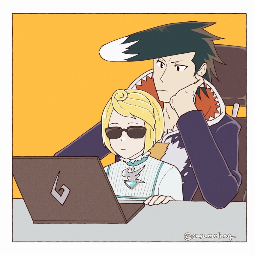 2boys ace_attorney apollo_justice:_ace_attorney black_hair blonde_hair caramelrag computer daryan_crescend highres jacket laptop machi_tobaye multiple_boys short_hair sunglasses twitter_username
