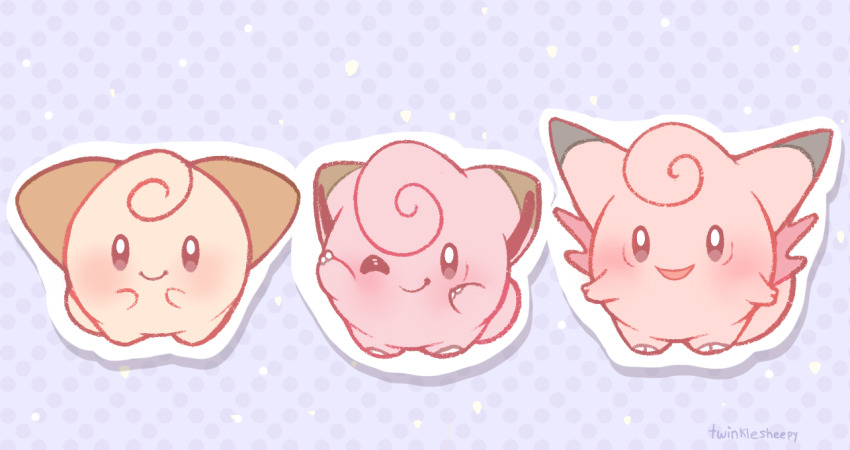 blush chibi clefable clefairy cleffa commentary evolutionary_line full_body gen_1_pokemon gen_2_pokemon grey_background janna_(sweepysheepy) nintendo no_humans one_eye_closed open_mouth outline pokemon pokemon_(creature) polka_dot polka_dot_background signature smile white_outline