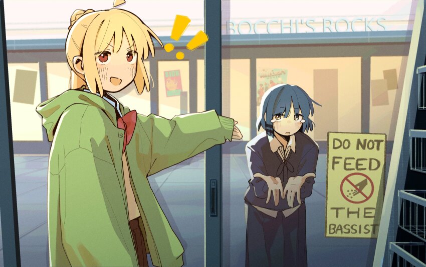 ! !! 2girls blonde_hair blue_hair bocchi_the_rock! bow english_text green_hoodie highres hood hood_down hoodie ijichi_nijika long_hair long_skirt machuuu68 medium_hair multiple_girls open_mouth polka_dot polka_dot_bow red_bow red_eyes side_ponytail skirt tearing_up yamada_ryo yellow_eyes