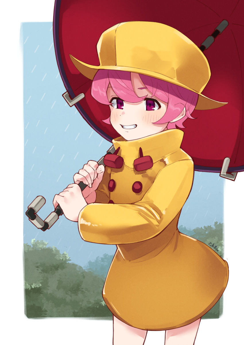 1girl blush border cowboy_shot grin hat highres hungern_(skullgirls) looking_at_viewer outdoors pink_eyes pink_hair rain raincoat short_hair skullgirls smile solo suitti umbrella umbrella_(skullgirls) white_border