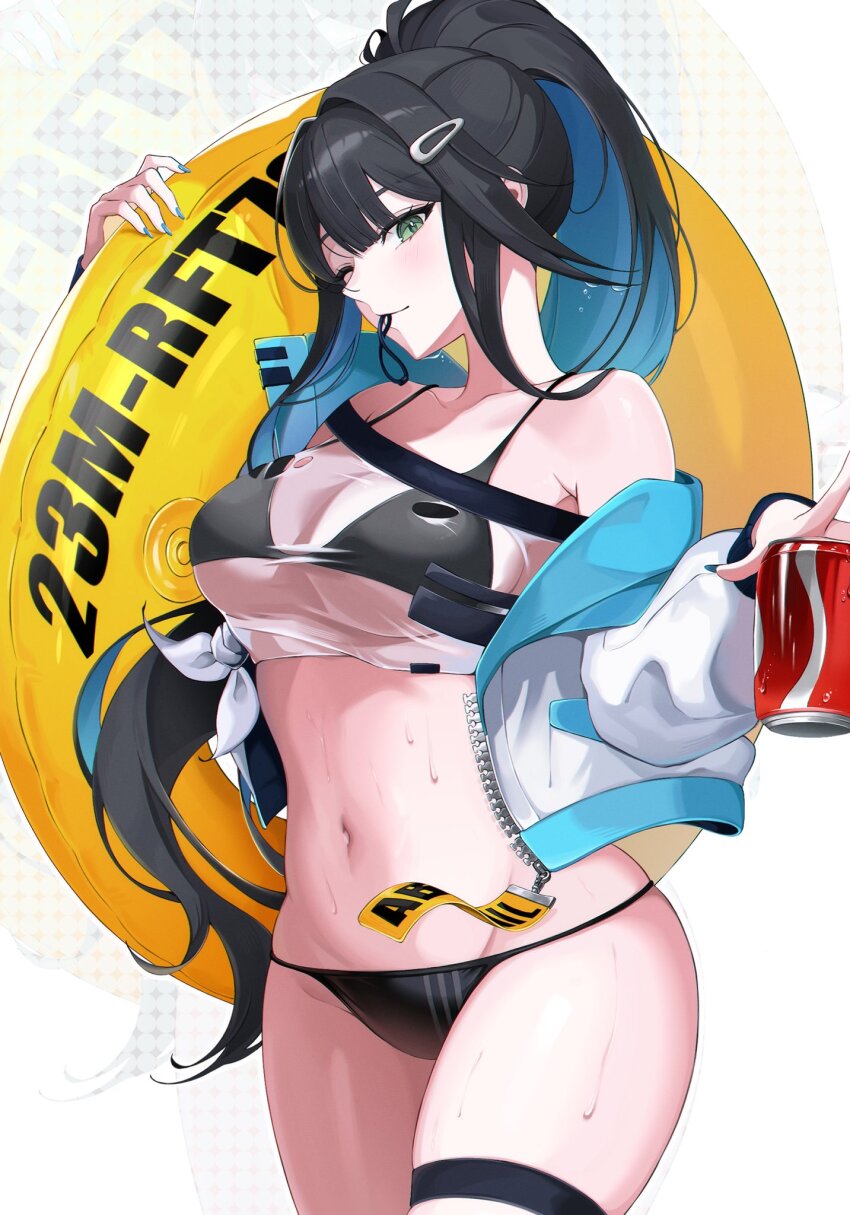 1girl 92b58 abigail_(black_survival) bare_shoulders bikini black_bikini black_hair black_survival blue_hair blue_nails breasts can character_name cleavage collarbone colored_inner_hair commentary_request drink_can eternal_return:_black_survival green_eyes hair_ornament hair_tie_in_mouth hairclip hand_up highres holding holding_can holding_swim_ring innertube jacket korean_commentary large_breasts long_hair looking_at_viewer mouth_hold multicolored_hair nail_polish name_tag navel off_shoulder one_eye_closed ponytail see-through_clothes see-through_shirt shirt sidelocks soda_can solo stomach string_bikini swim_ring swimsuit thigh_strap thighs tied_shirt torn_clothes torn_shirt very_long_hair wet white_background white_jacket yellow_innertube zipper