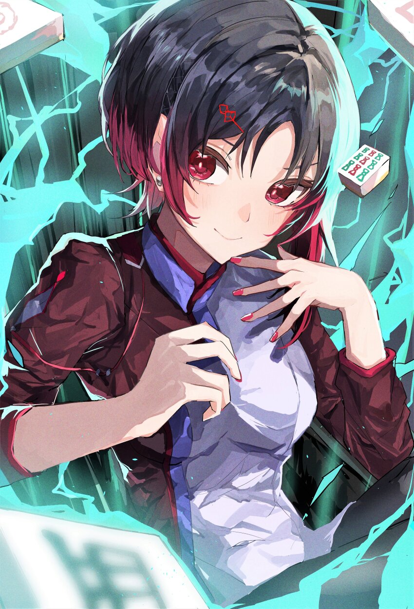 1girl absurdres black_hair china_dress chinese_clothes dress gradient_hair hair_ornament hairpin highres iris_black_games kisaragi_ren_(vtuber) lightning_background looking_at_viewer mahjong mahjong_tile maya_fa multicolored_dress multicolored_hair parted_bangs purple_dress red_dress red_eyes red_hair red_nails short_hair solo upper_body virtual_youtuber vspo!