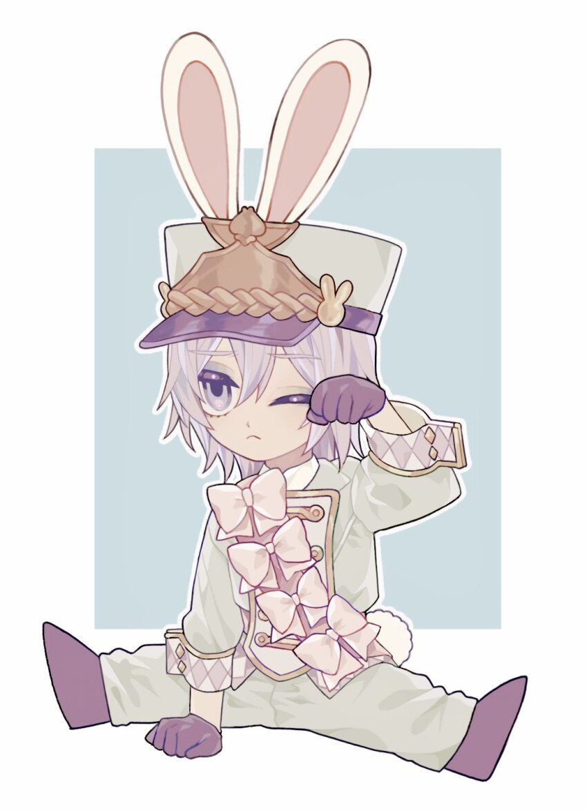 1boy ;&lt; animal_ears band_uniform bow character_request closed_mouth commentary_request deformed formal_clothes full_body hat highres kano201215 legs_apart male_focus one_eye_closed rabbit_ears solo suit white_bow white_eyes white_hair white_hat white_suit