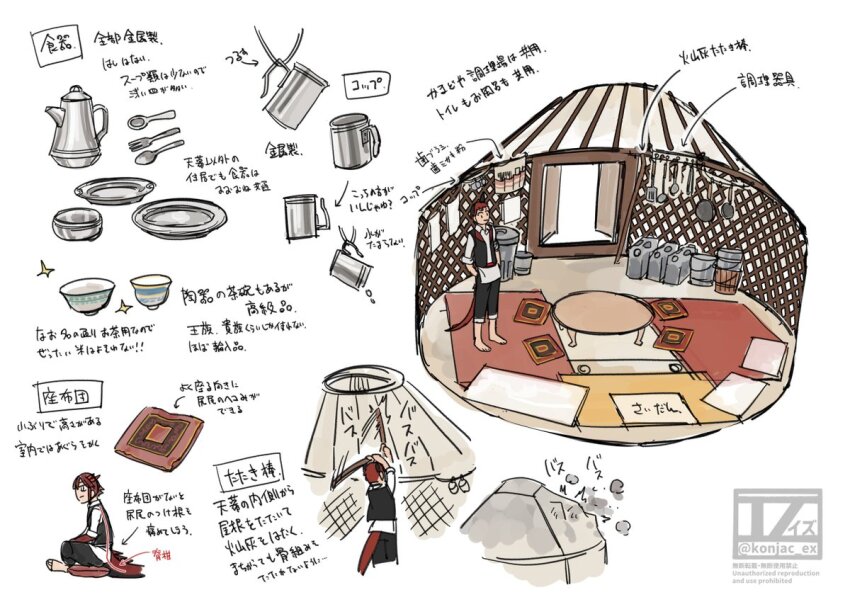 1boy commentary_request cutlery dragon_boy dragon_horns dragon_tail horns interior male_focus multiple_views original red_hair short_hair simple_background table tail tent tent_interior tokitsu_sousaku translation_request white_background