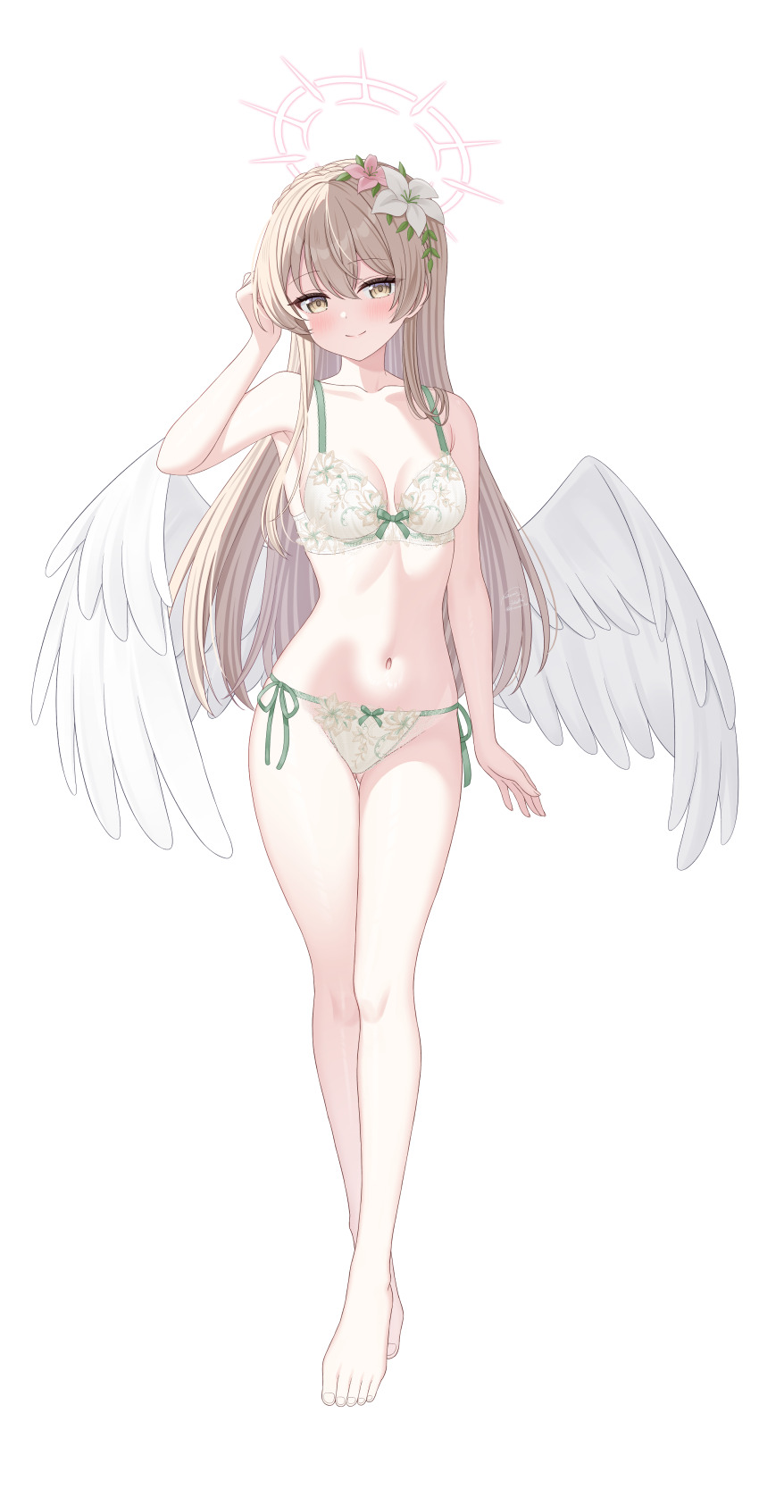 1girl absurdres alternate_costume angel_wings bare_shoulders barefoot blue_archive blush braid breasts breasts_apart brown_hair closed_mouth collarbone commentary_request crown_braid feathered_wings flower full_body hair_between_eyes hair_flower hair_ornament halo hand_up highres kurumi_lm long_hair looking_at_viewer low_wings medium_breasts nagisa_(blue_archive) navel paid_reward_available panties pink_flower side-tie_panties simple_background smile solo standing stomach underwear very_long_hair white_background white_flower white_panties white_wings wings yellow_eyes