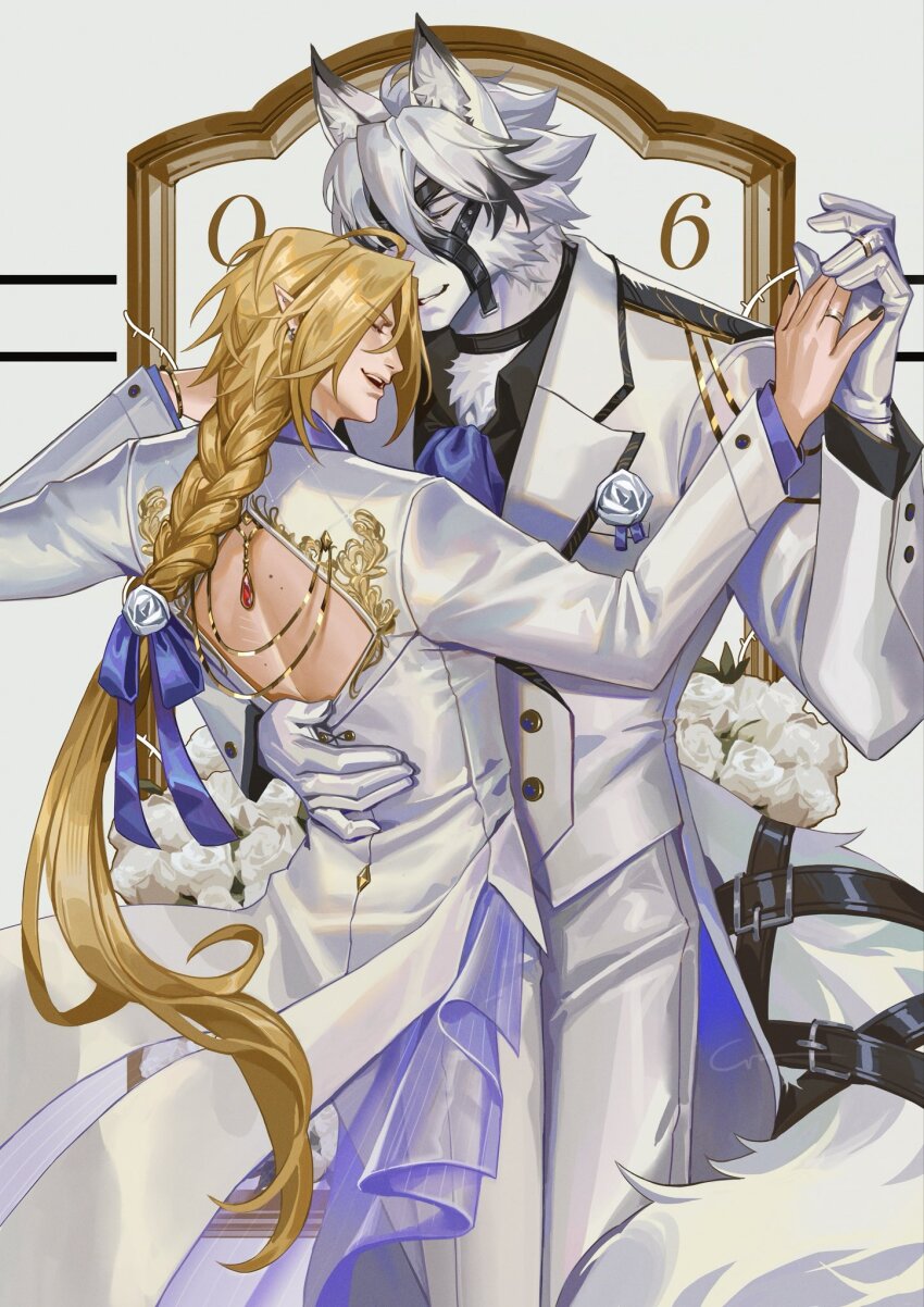 2boys :d ahoge animal_ear_fluff animal_ears ascot back_cutout belt belt_buckle black_belt black_choker black_hair black_nails black_shirt blonde_hair blue_ascot blue_ribbon body_fur bracelet braid buckle buttons choker closed_eyes clothing_cutout coattails collared_shirt commentary cowboy_shot crovius ear_piercing earrings english_commentary eyepatch fingernails flower gloves gold_ring hair_between_eyes hair_flower hair_ornament hair_ribbon hand_on_another&#039;s_back hands_up highres holding_hands hugo_vlad jacket jewelry lapels long_hair long_sleeves male_focus mole mole_on_back multicolored_hair multiple_boys muzzle_(mask) nail_polish one_eye_covered open_mouth pants parted_bangs parted_lips picture_frame piercing pointy_ears ribbon ring rose shirt short_hair sidelocks smile standing streaked_hair tail tail_belt teeth upper_teeth_only very_long_hair von_lycaon wedding_ring white_background white_flower white_fur white_gloves white_hair white_jacket white_pants white_rose wolf_boy wolf_ears wolf_tail yaoi zenless_zone_zero